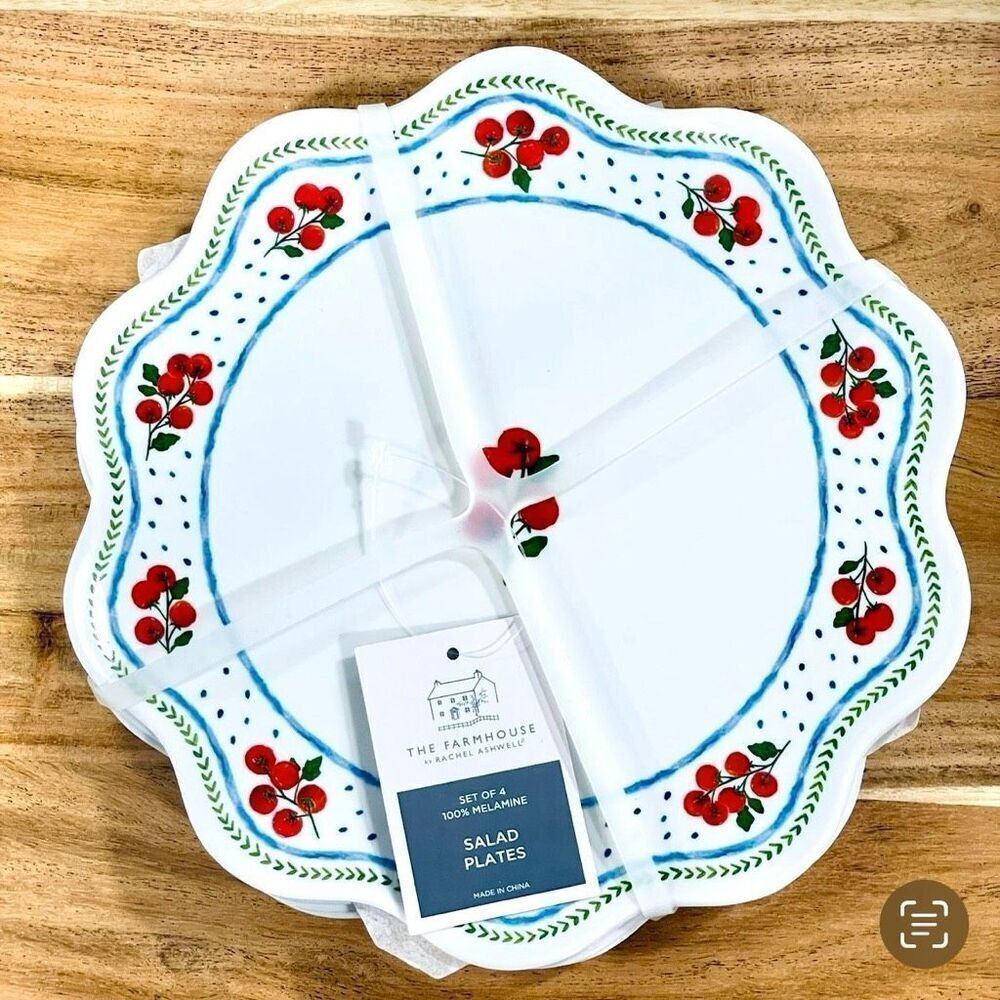 NWT Gorgeous Rachel Ashwell Set of 4 White Red Tomatoes Melamine Salad 9” Plates